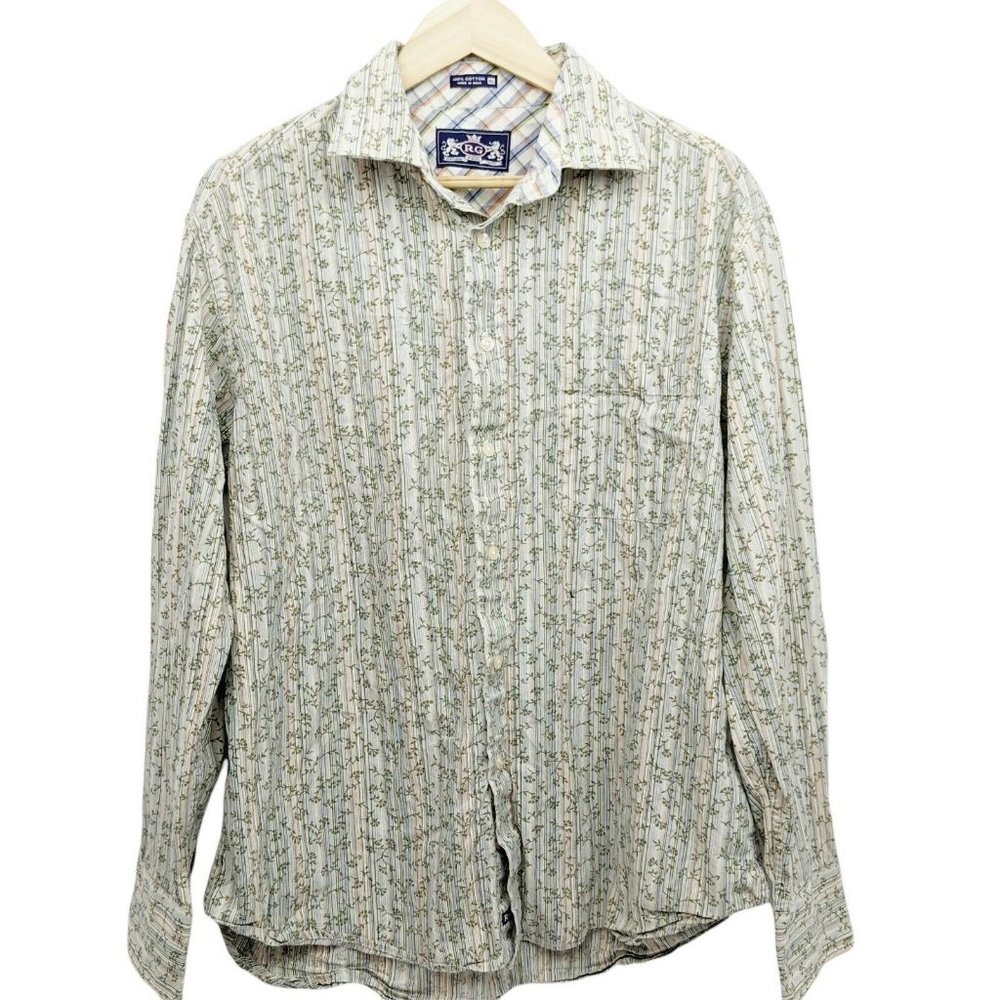R&G Robert Graham Striped Foliage Prints Button Down Collared Shirt Mens Size XL